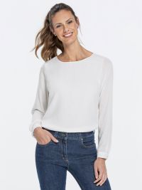 Damen Chiffon-Bluse Langarm Regular Fit in Offwhite, mit Rundhalsausschnitt und schmaler Manschette